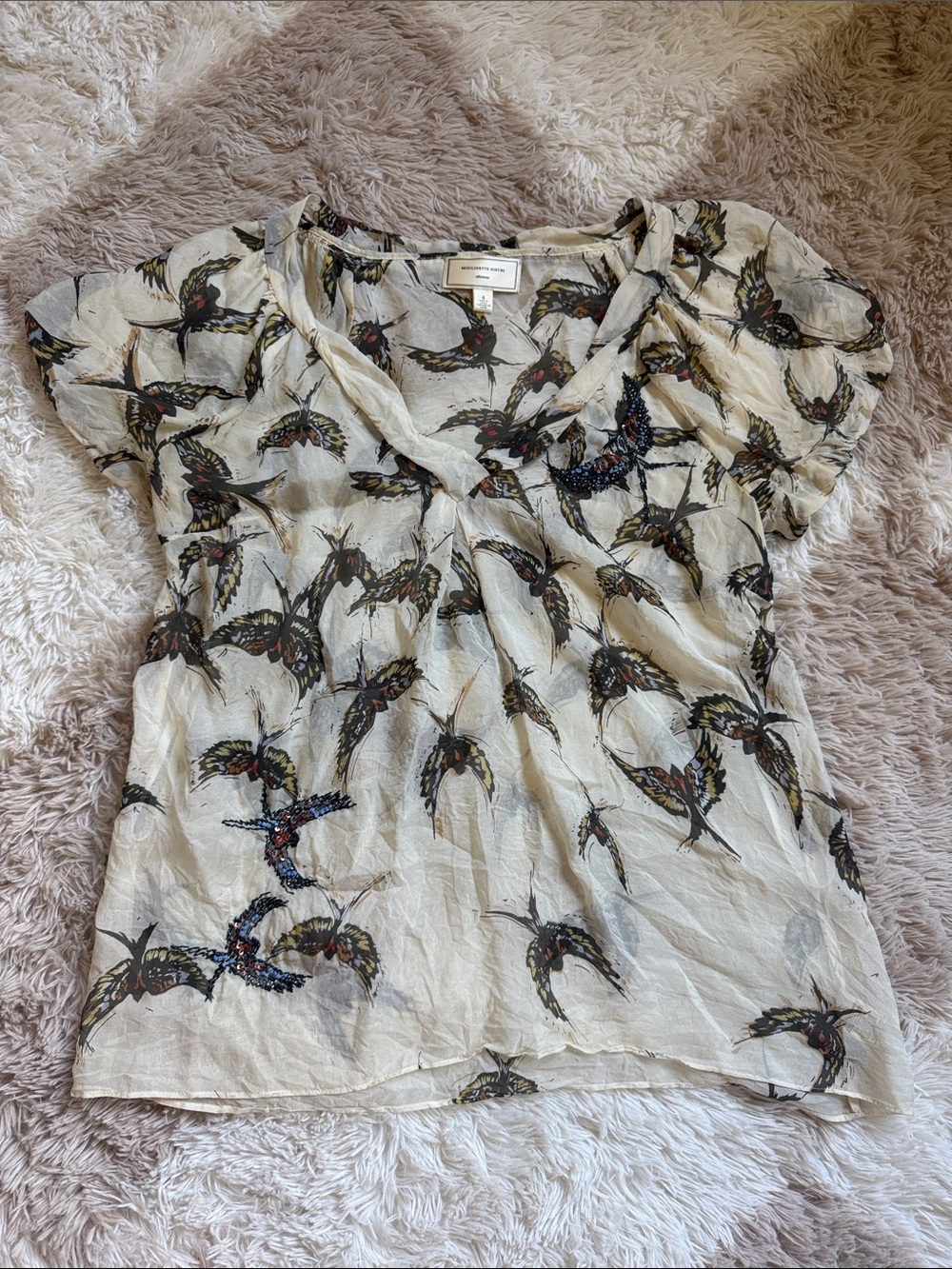 Moulinette Soeurs Silk Cream Bird-Print V-Neck Top